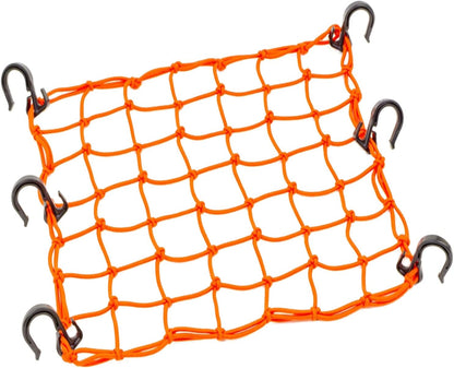 Orange cargo net with black hooks on a white background
