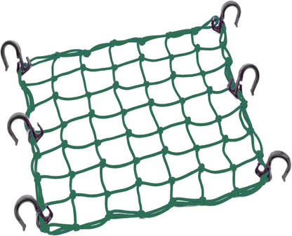 Green cargo net with metal hooks on a white background