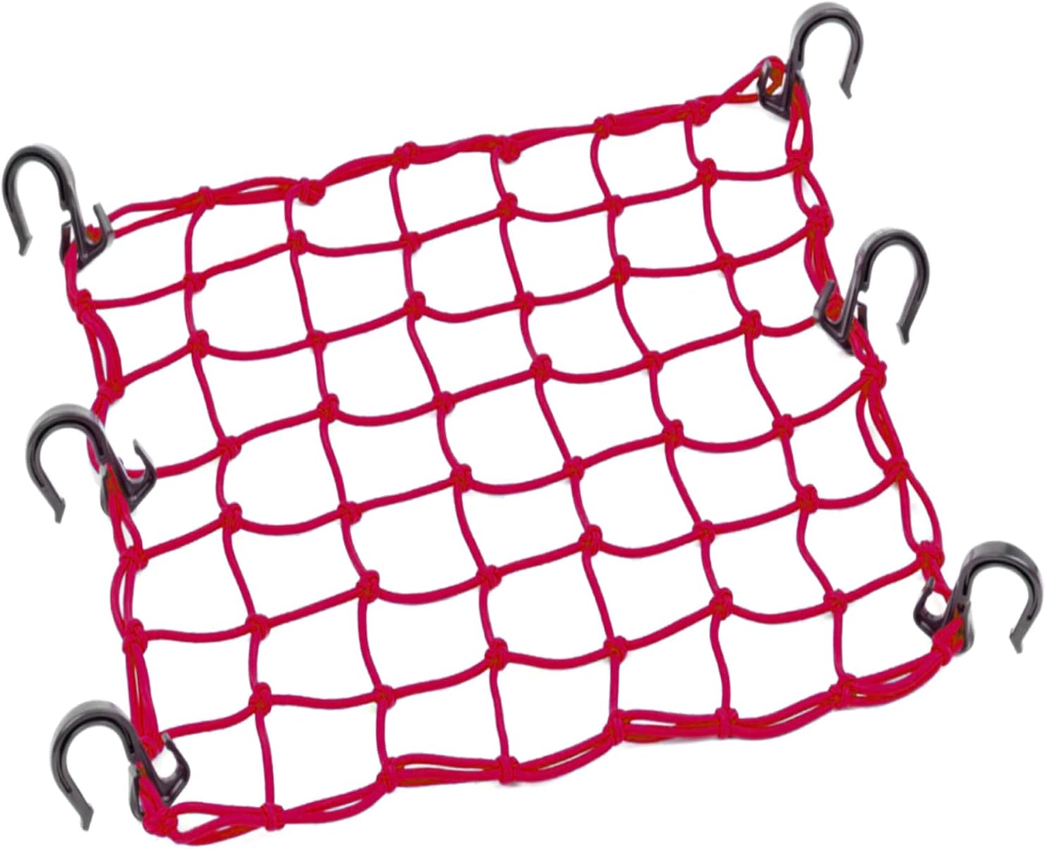 Red cargo net with black hooks on a white background