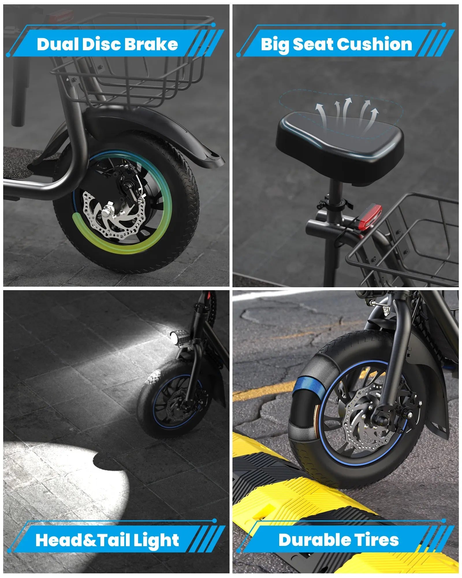 electric scooter dual disc brake system with bright headlight and rear tail light