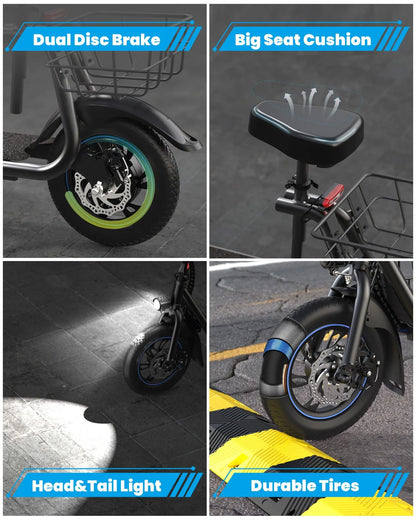 electric scooter dual disc brake system with bright headlight and rear tail light
