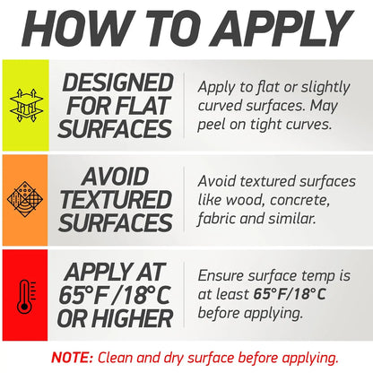 Instruction guide for applying reflective safety tape, featuring icons and text on flat surfaces, avoiding textured surfaces, and temperature guidelines