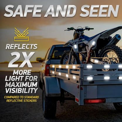 Reflective safety tape stickers on a vehicle's trailer, enhancing visibility with bright white LED strips for maximum safety during night riding