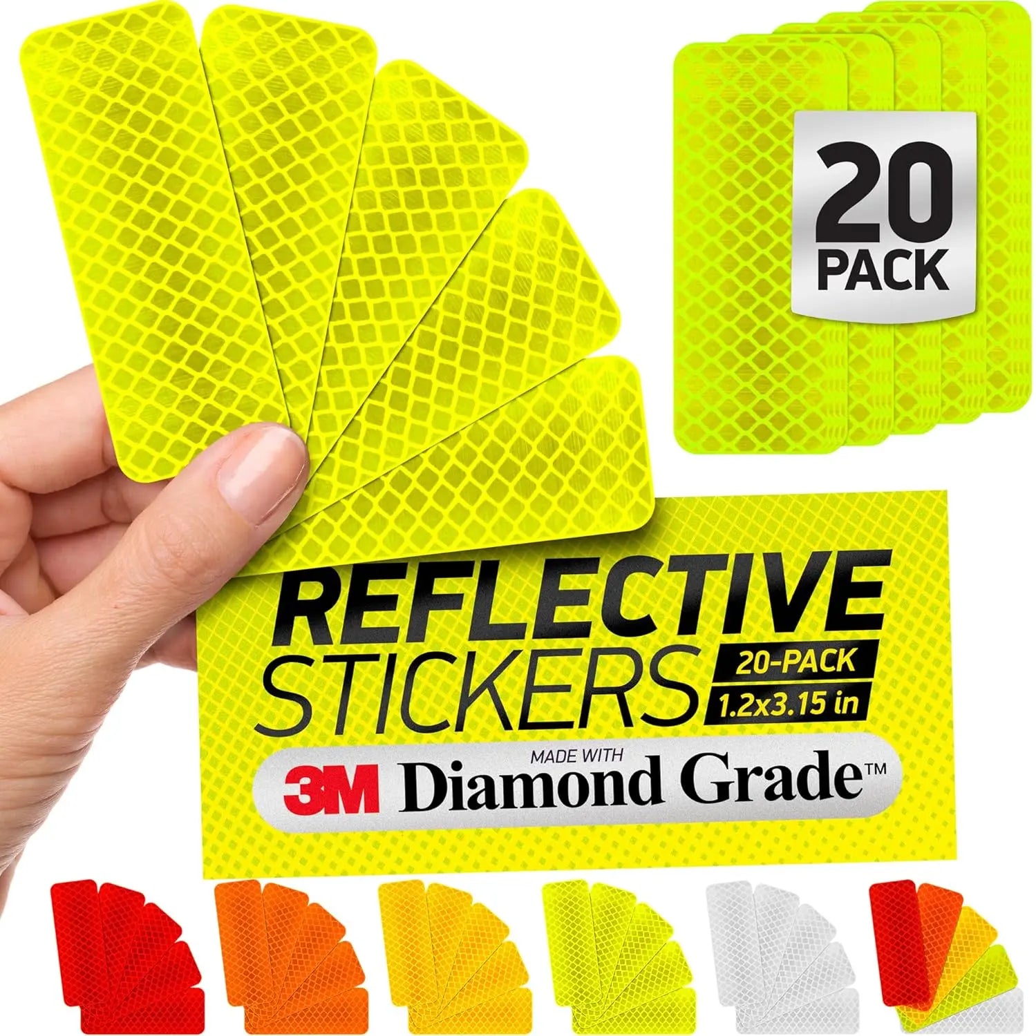 Bright yellow reflective safety tape stickers with diamond-grade material, 1.2 x 3.15 inches, for vehicle visibility, 20-pack
