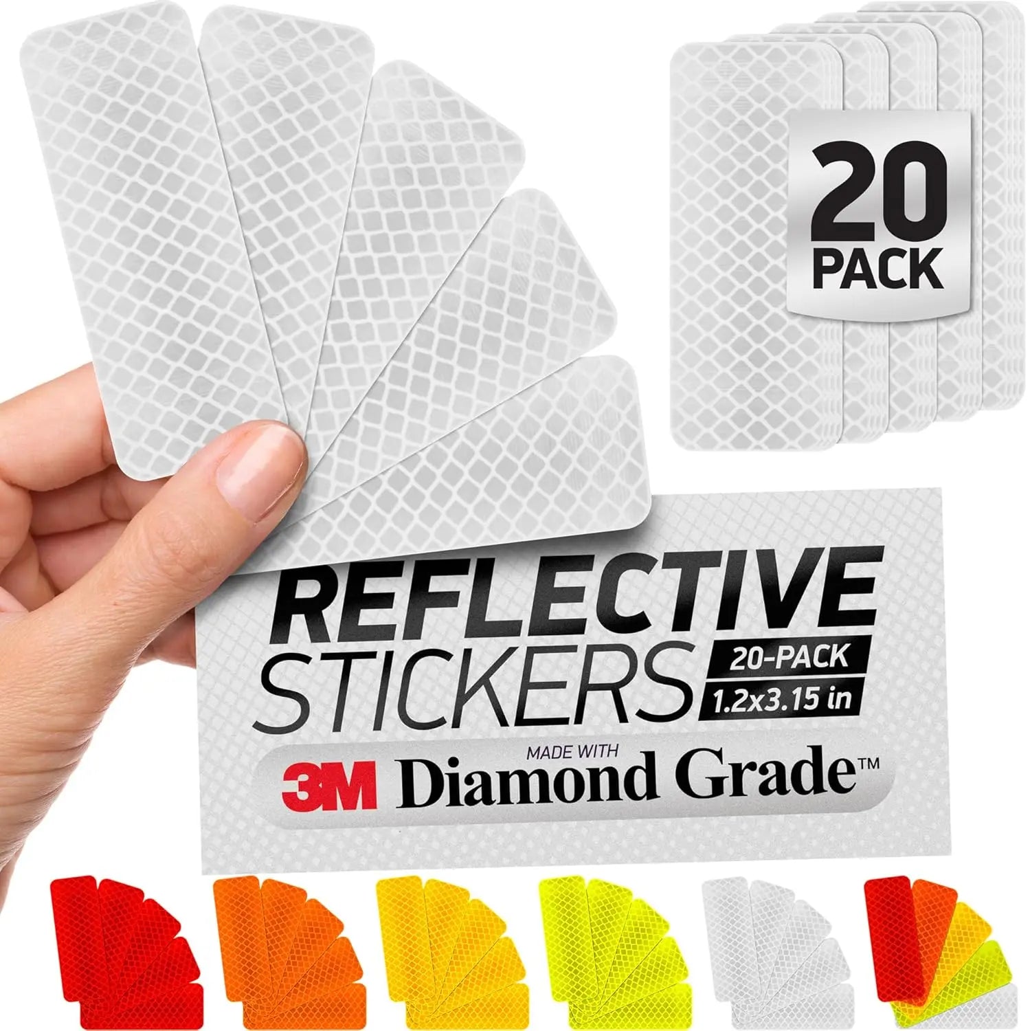 Set of 20 high-visibility reflective safety tape stickers in white with diamond-grade reflective material, measuring 1.2 x 3.15 inches for vehicle safety enhancement