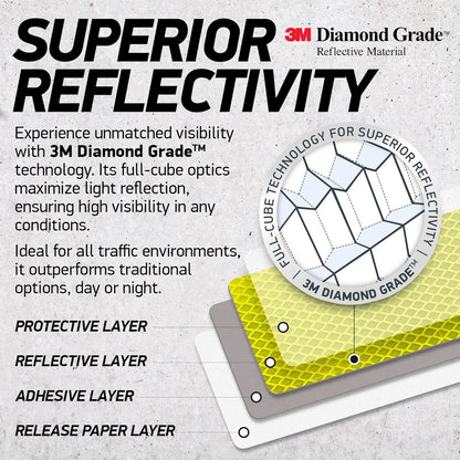 Close-up of yellow and gray reflective safety tape stickers with 3M Diamond Grade technology, designed for vehicle visibility in low light