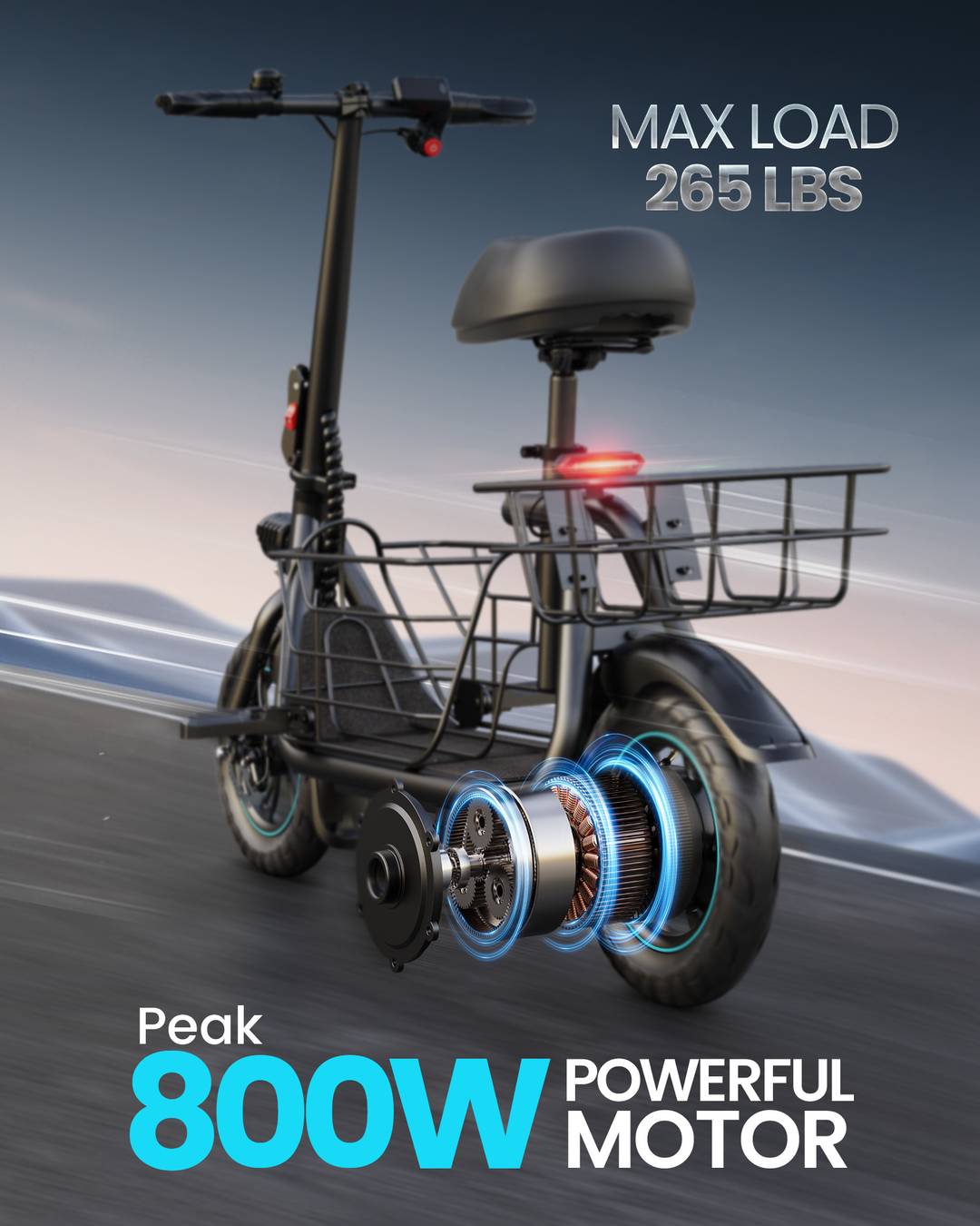 GYROOR C1S 800W(Peak) Electric Scooter with Removeable Front And Back Basket