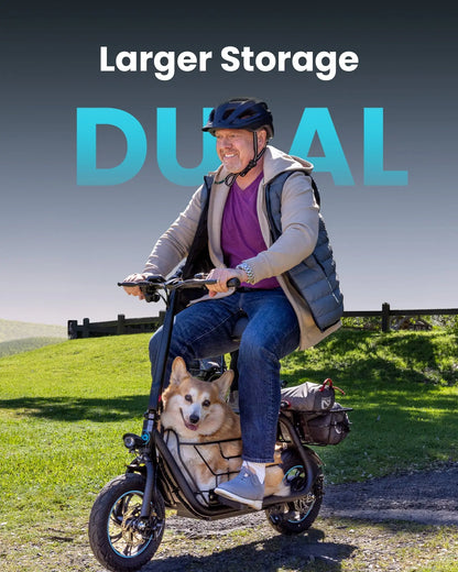 seated electric scooter for shopping errands and commuting with large storage baskets
