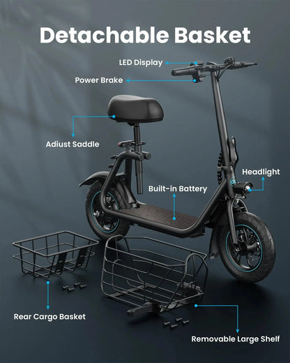 electric scooter with seat side view dual Detachable Basket cargo storage wide deck design
