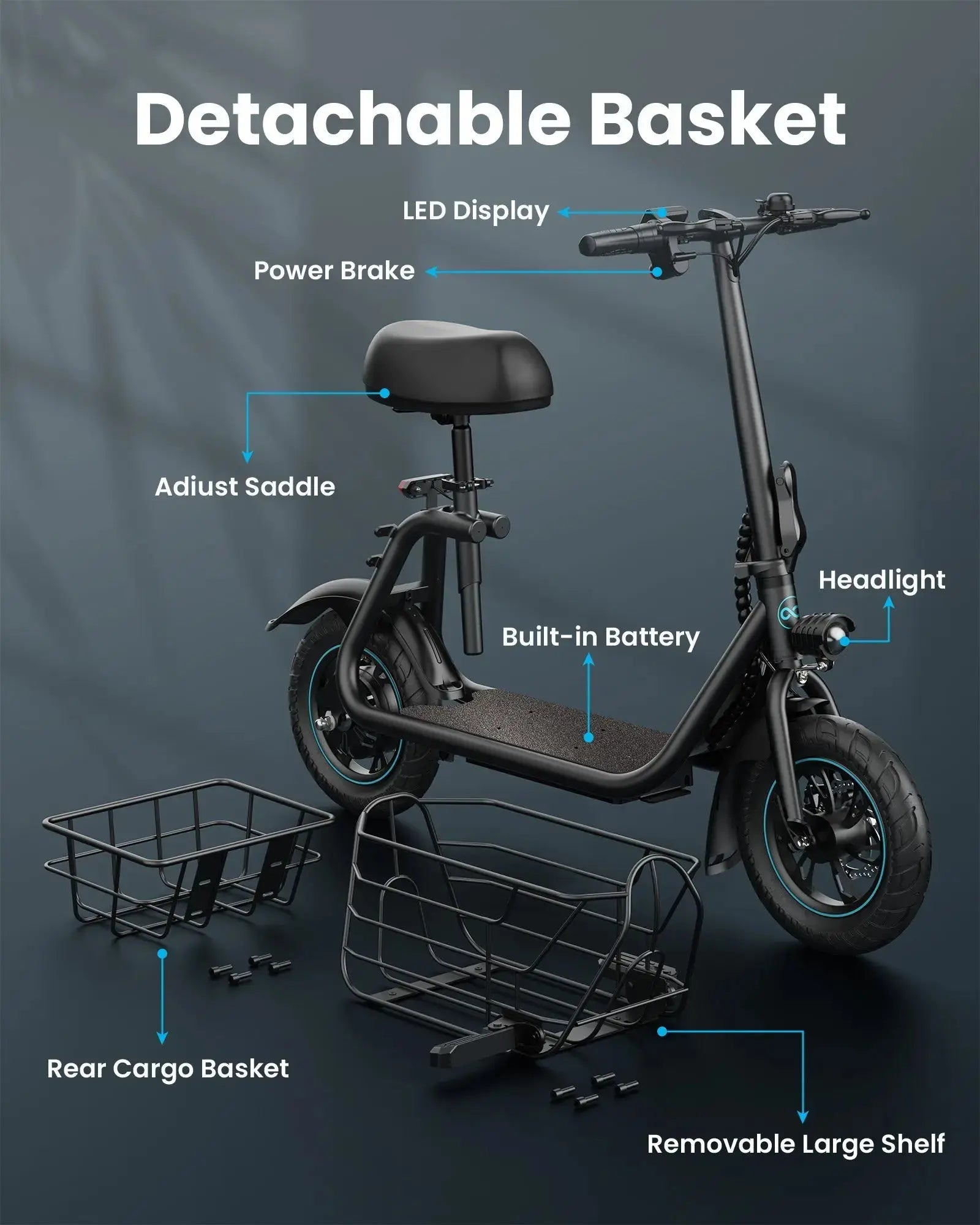 electric scooter with seat side view dual Detachable Basket cargo storage wide deck design