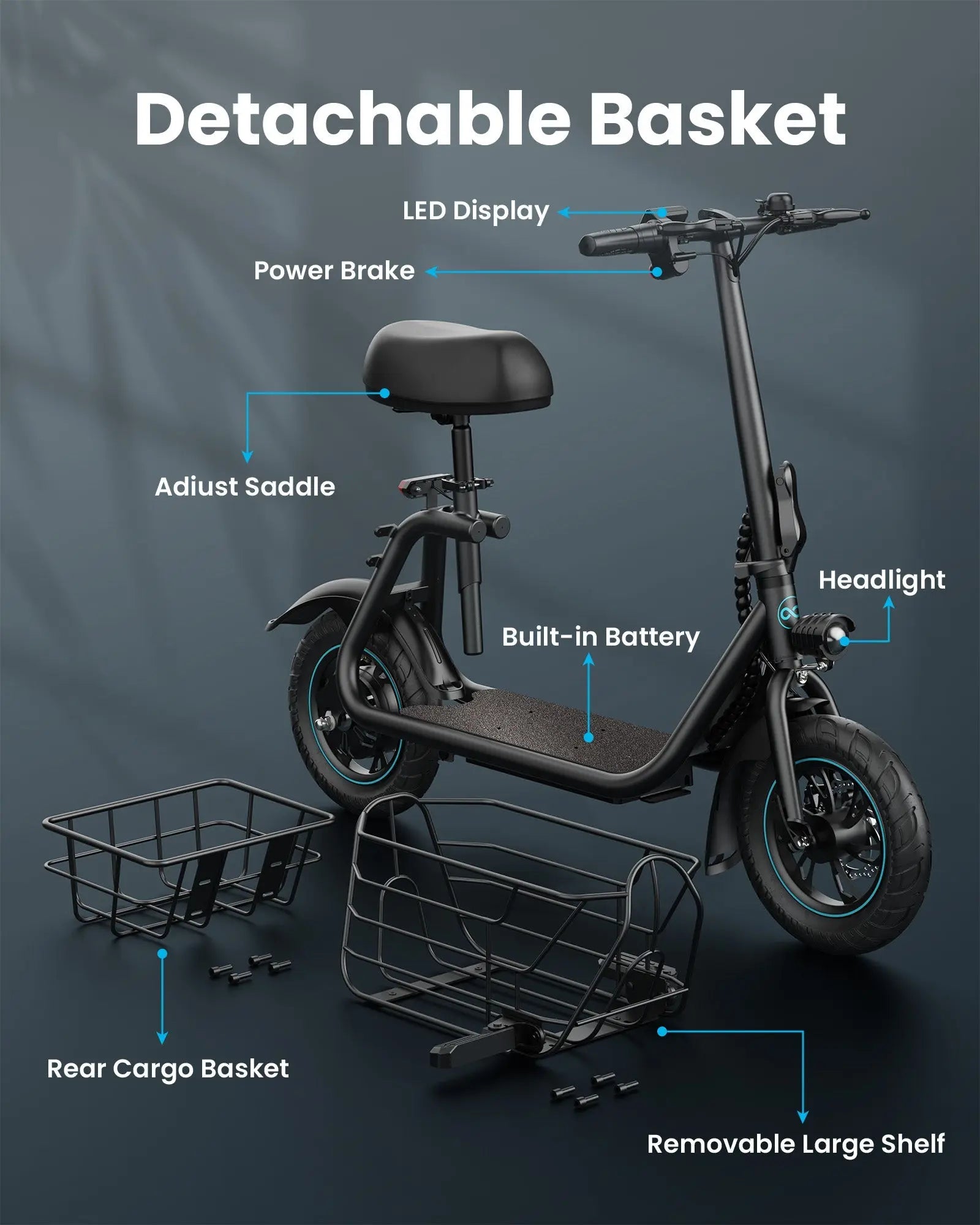 electric scooter with seat side view dual Detachable Basket cargo storage wide deck design