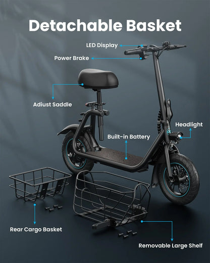 electric scooter with seat side view dual Detachable Basket cargo storage wide deck design