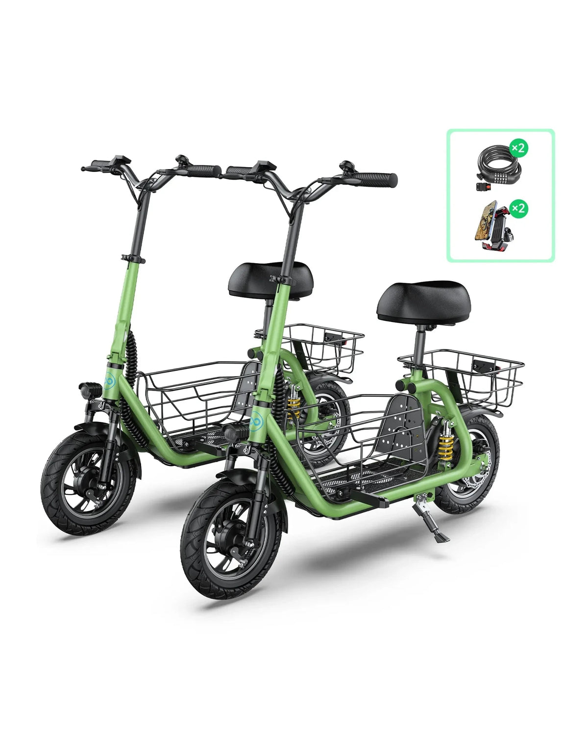 two green electric scooters accessories bundle phone holders and scooter locks