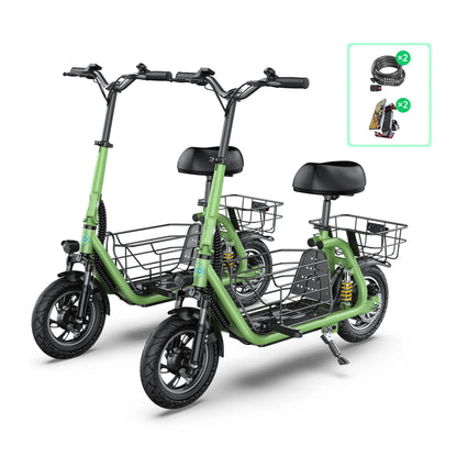 two green electric scooters accessories bundle phone holders and scooter locks