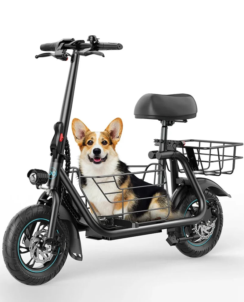 C1S electric scooter with pet carrier basket for dogs up to 40 lbs