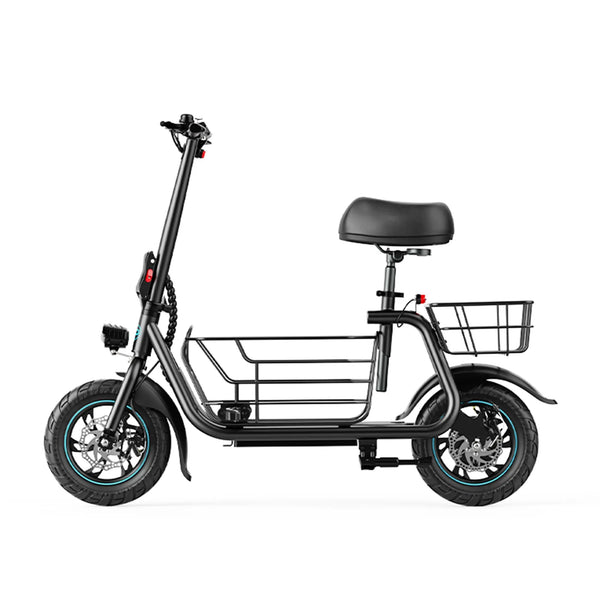 Gyroor C1S seated electric scooter with dual baskets and foldable design