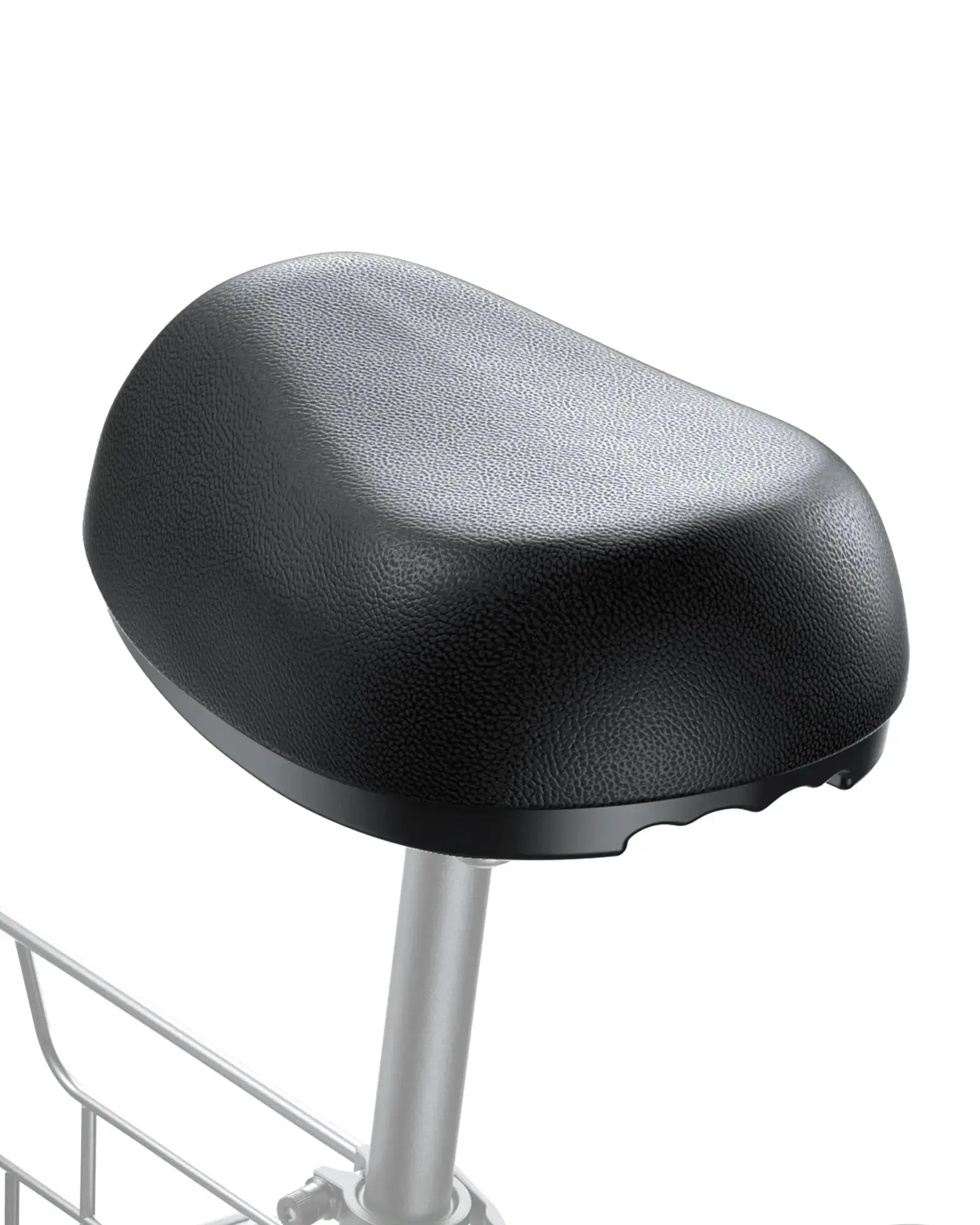 Black C1 Electric Scooter Seat with textured surface, ergonomic shape, mounted on silver support, designed for comfortable riding