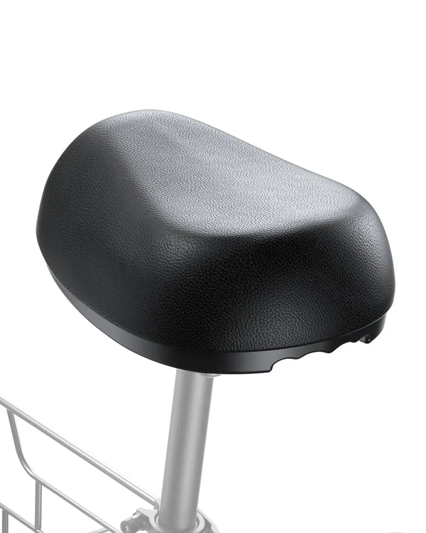Black C1 Electric Scooter Seat with textured surface, ergonomic shape, mounted on silver support, designed for comfortable riding