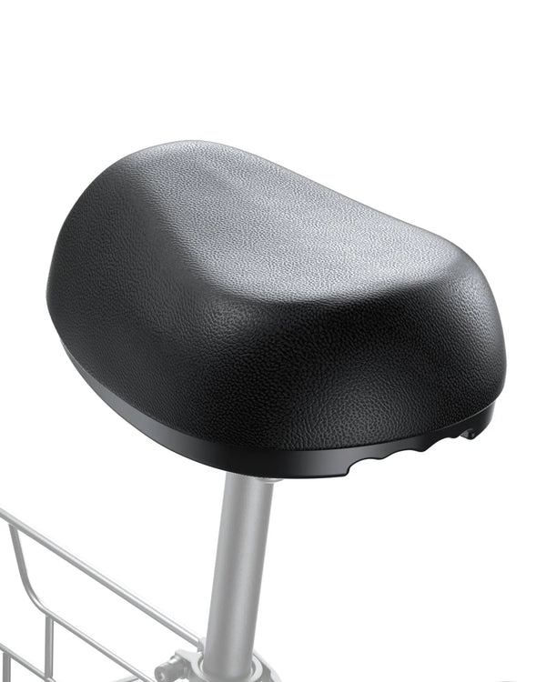 Black C1 Electric Scooter Seat with textured surface, ergonomic shape, mounted on silver support, designed for comfortable riding