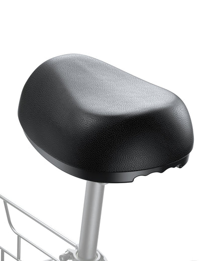 Black C1 Electric Scooter Seat with textured surface, ergonomic shape, mounted on silver support, designed for comfortable riding