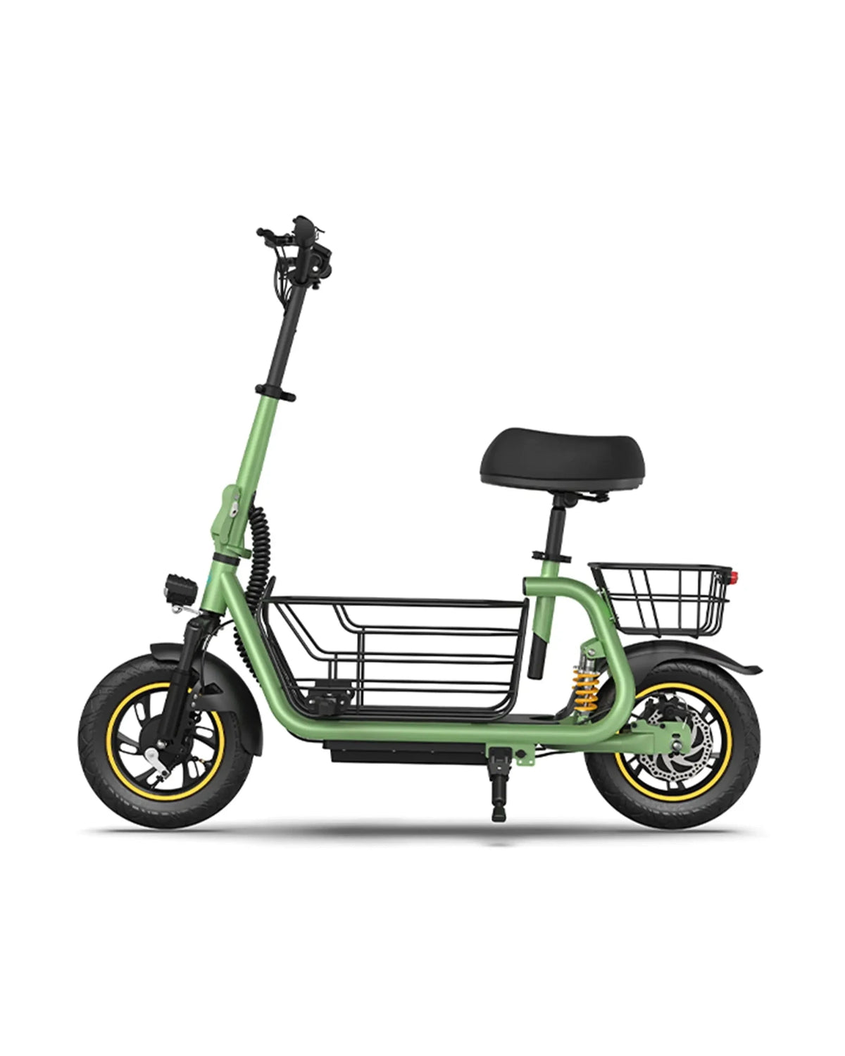 green seated electric scooter with dual detachable baskets 