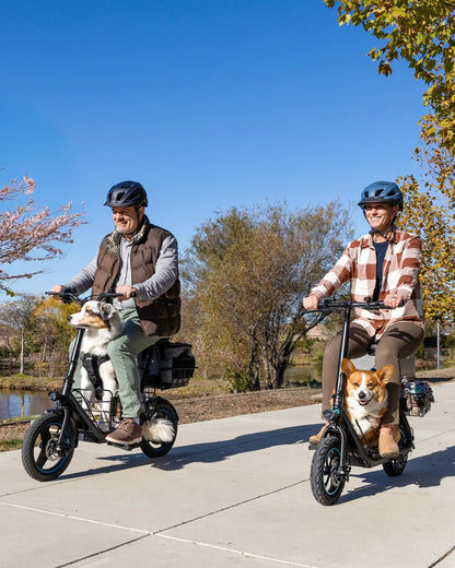 Adult riding the Gyroor C1Plus Pro pet-friendly electric scooter with front basket