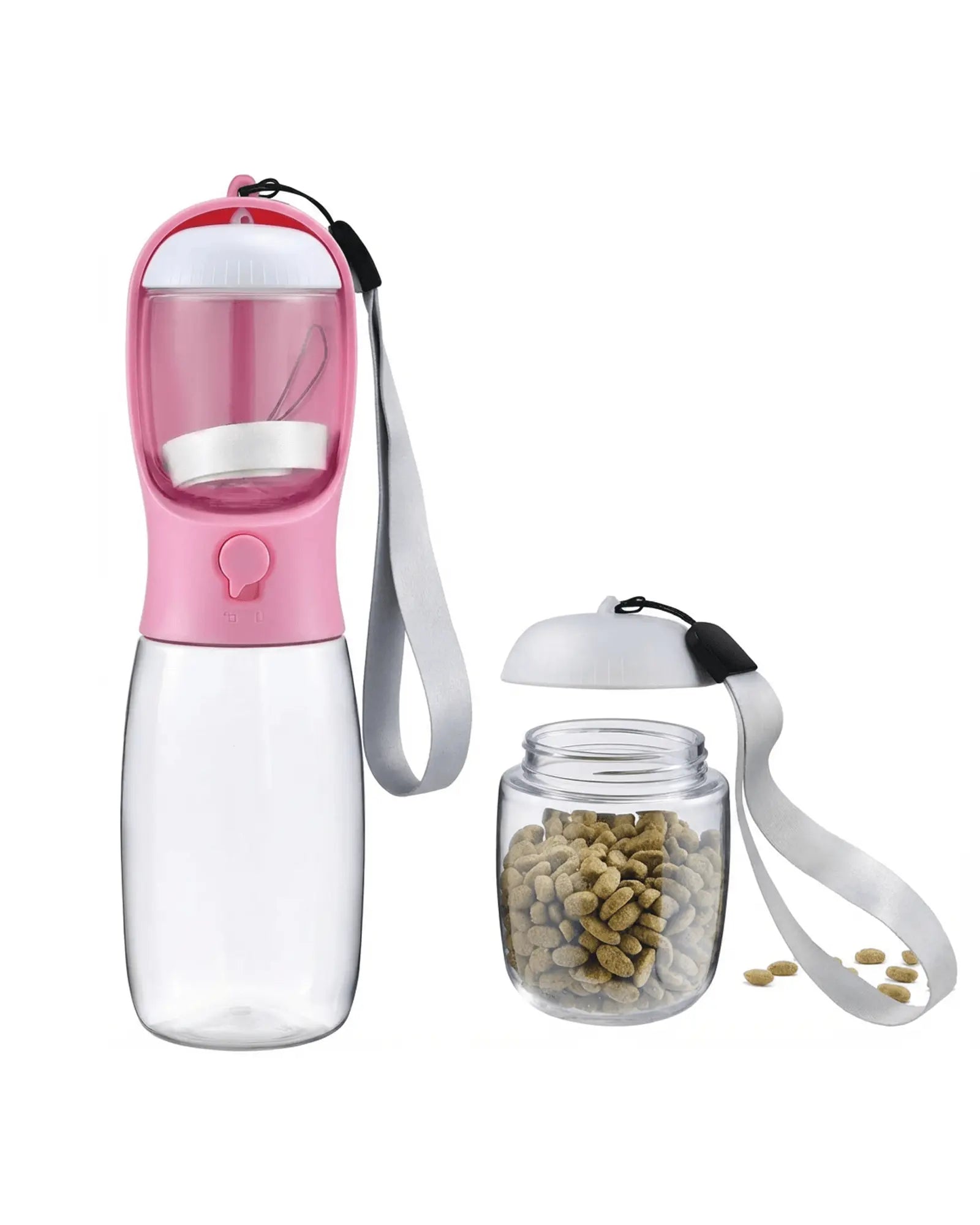 Dog Water Bottle with Food Container Dog-Water-Bottle-Blue-10oz Dog-Water-Bottle-Blue-19oz Dog-Water-Bottle-Pink-10oz Dog-Water-Bottle-Pink-19oz