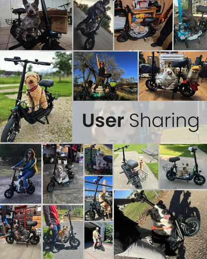 real user riding seated electric scooter in outdoor urban commuting scenario