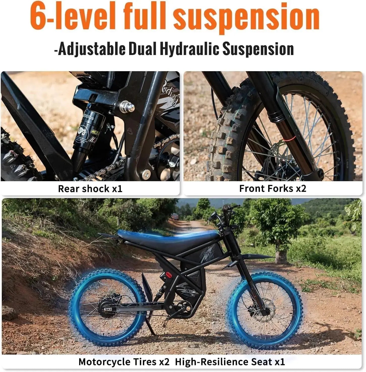 Gyroor GT73 electric dirt bike 6-level adjustable suspension detail