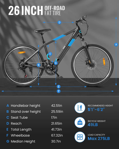 Gyroor EB262 electric bike dimensions and rider height fit chart