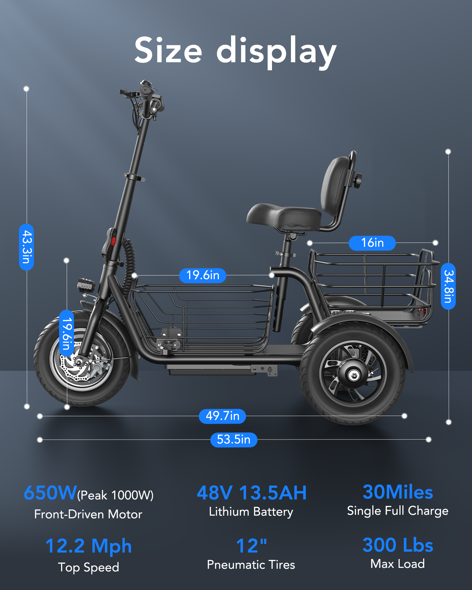 Gyroor C5 Electric Trike with Removable Dual Baskets,1000W(Peak) & 30Miles