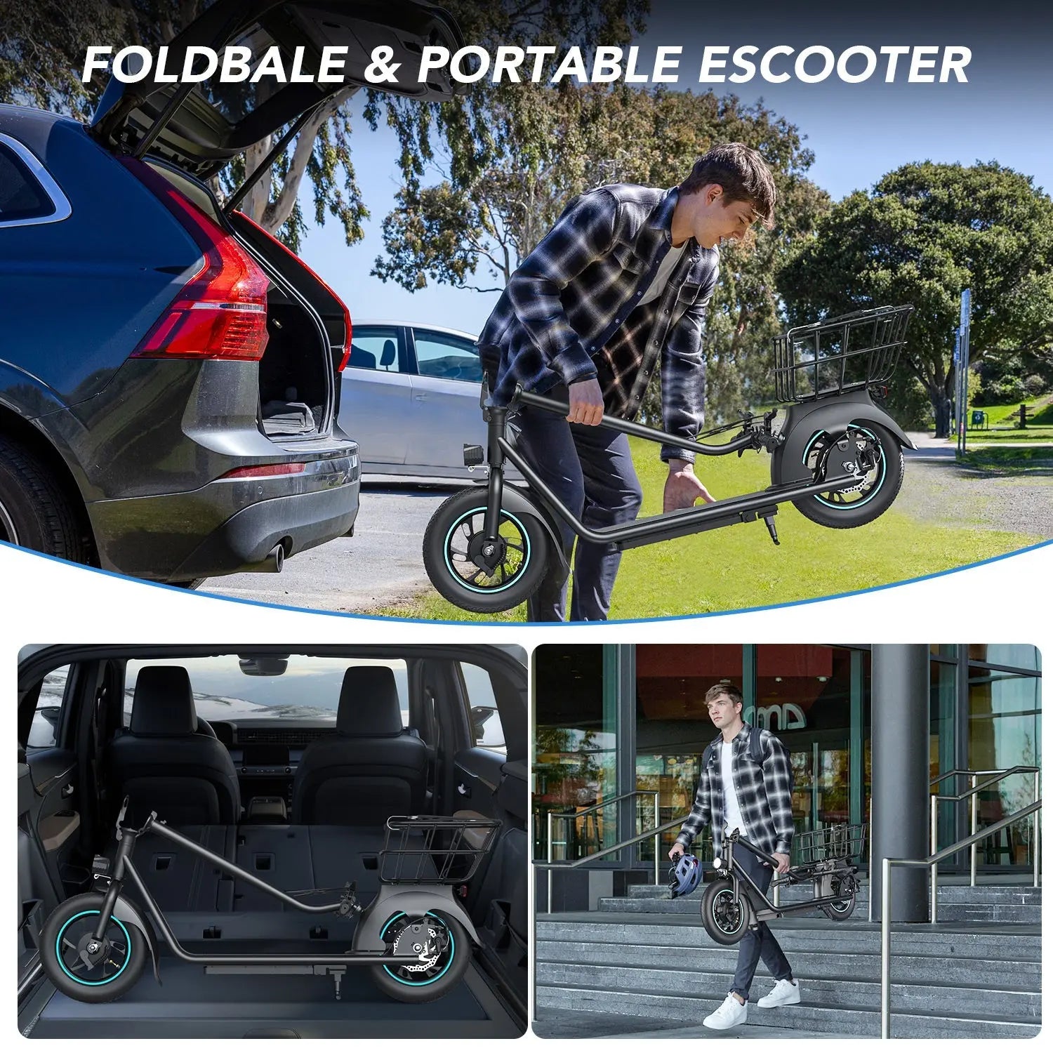 Gyroor X2 foldable electric scooter with basket, three-quarter front view