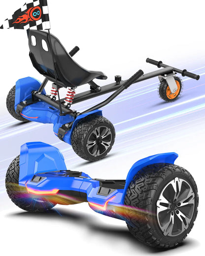 Gyroor G2 hoverboard in blue mounted on the K2 go-kart frame
