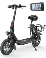 black seated electric scooter with rear cargo basket