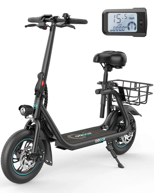 black seated electric scooter with rear cargo basket