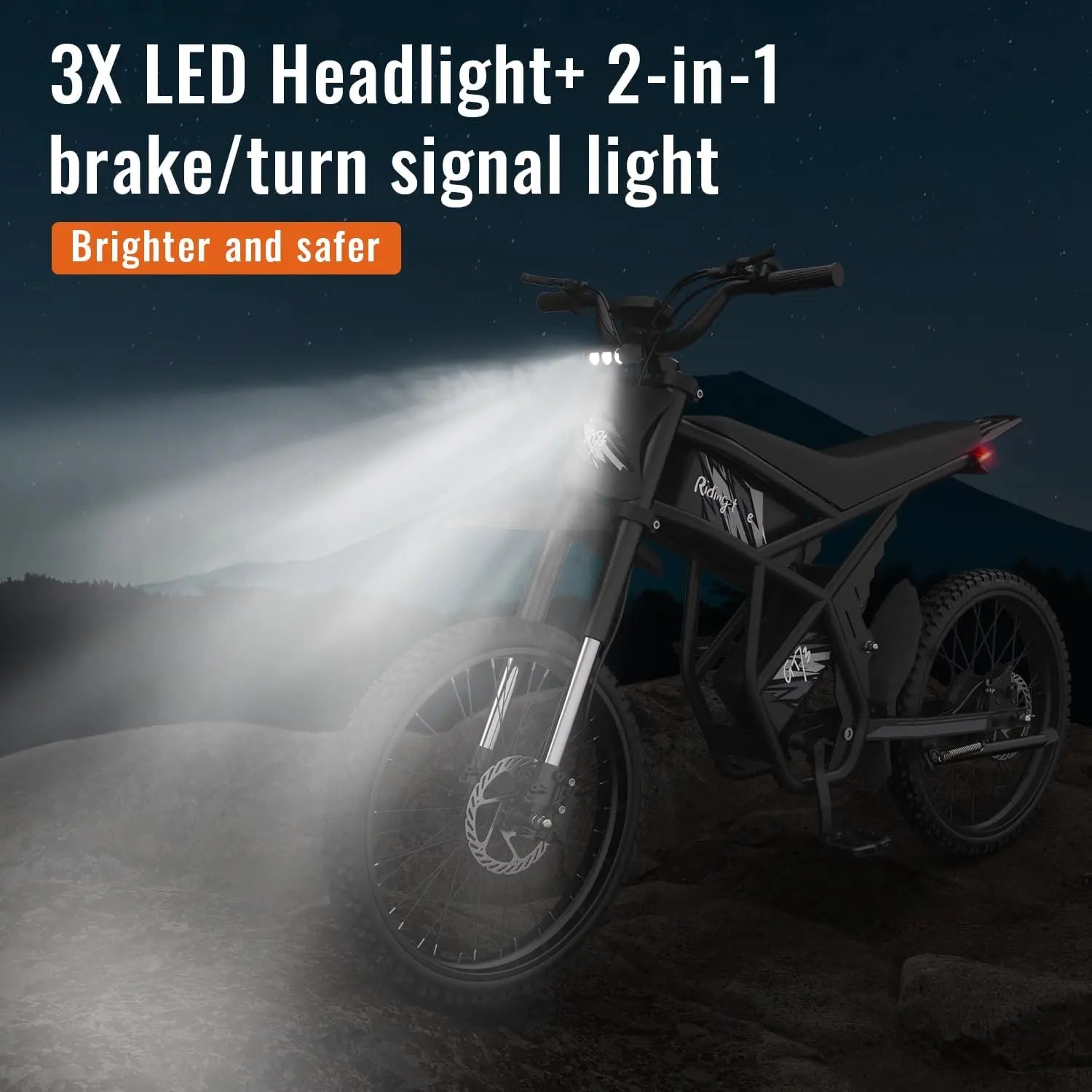 Gyroor GT73 electric dirt bike LED headlight riding at dusk