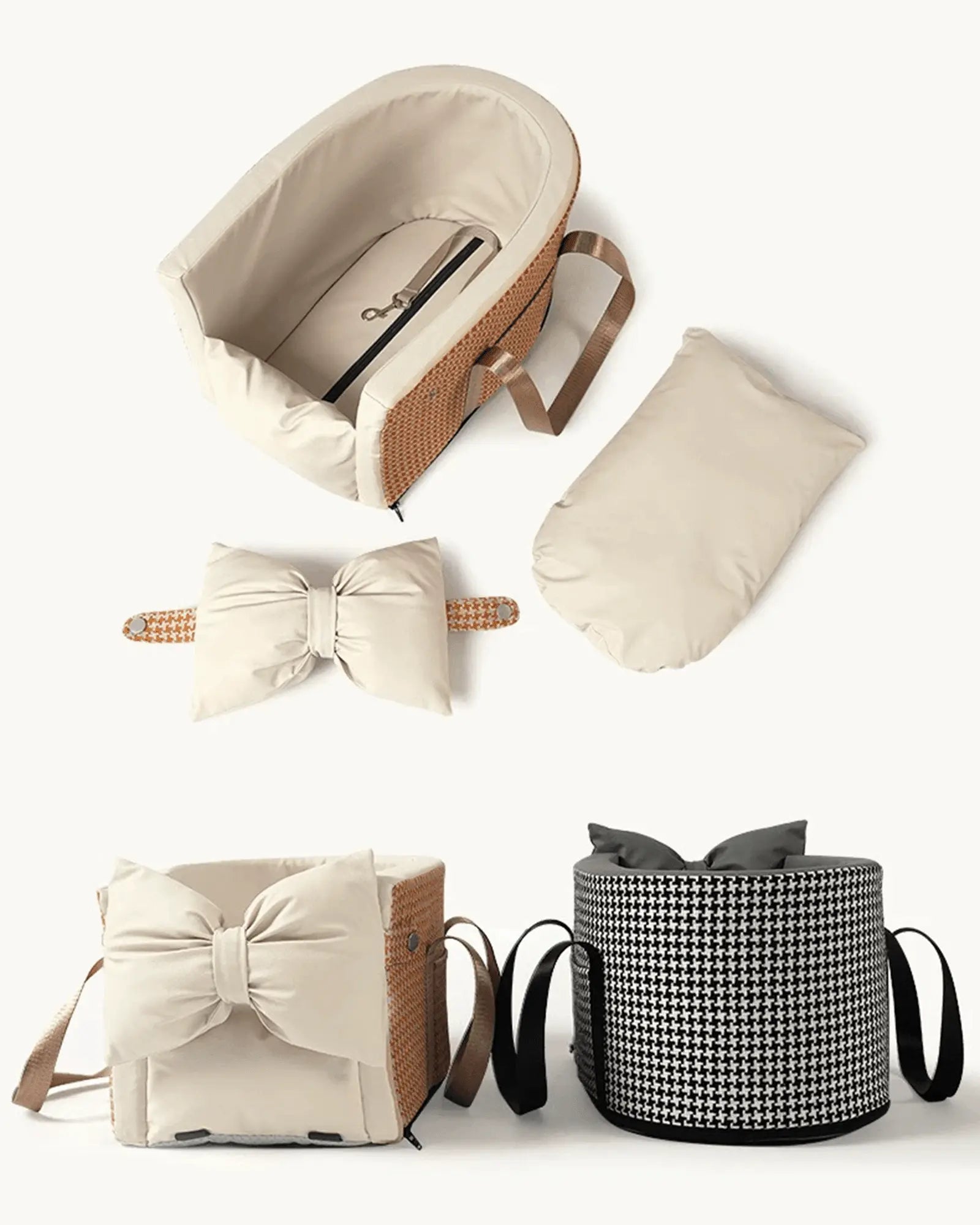 Cream padded pet carrier insert with bow design, soft interior, and brown woven sides, ideal for pet travel accessories