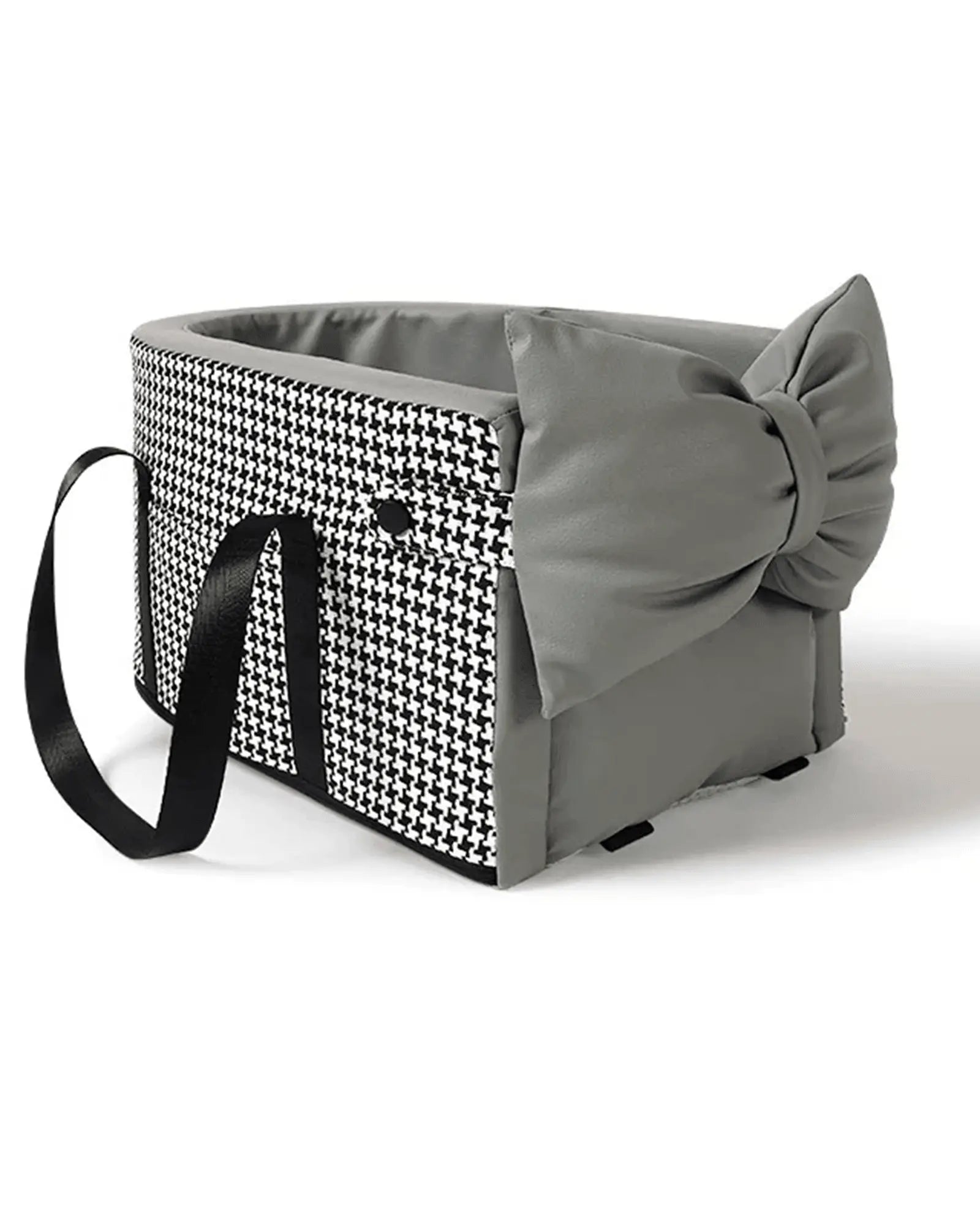 Gray pet carrier with houndstooth patterned front panel, padded interior, black handles, and bow detail on side for pets, suitable for travel.