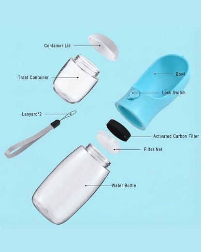 Dog Water Bottle with Food Container Dog-Water-Bottle-Blue-10oz Dog-Water-Bottle-Blue-19oz Dog-Water-Bottle-Pink-10oz Dog-Water-Bottle-Pink-19oz