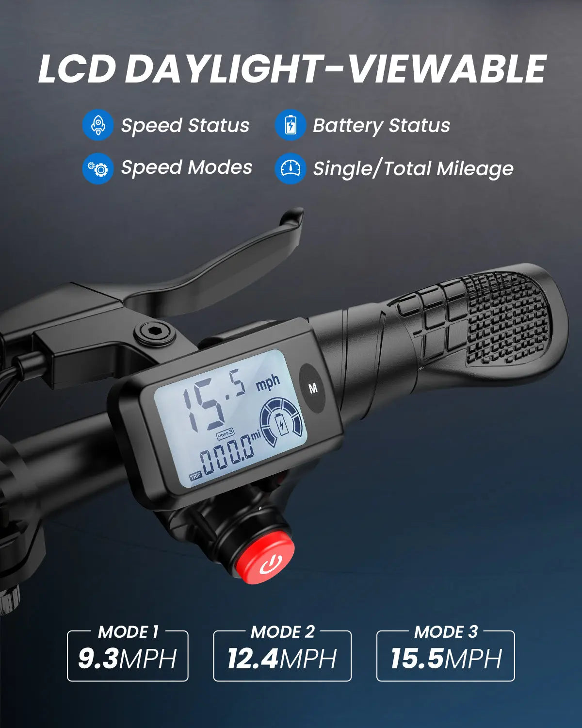 Gyroor C1 electric scooter daylight-viewable LCD showing speed, battery and mileage