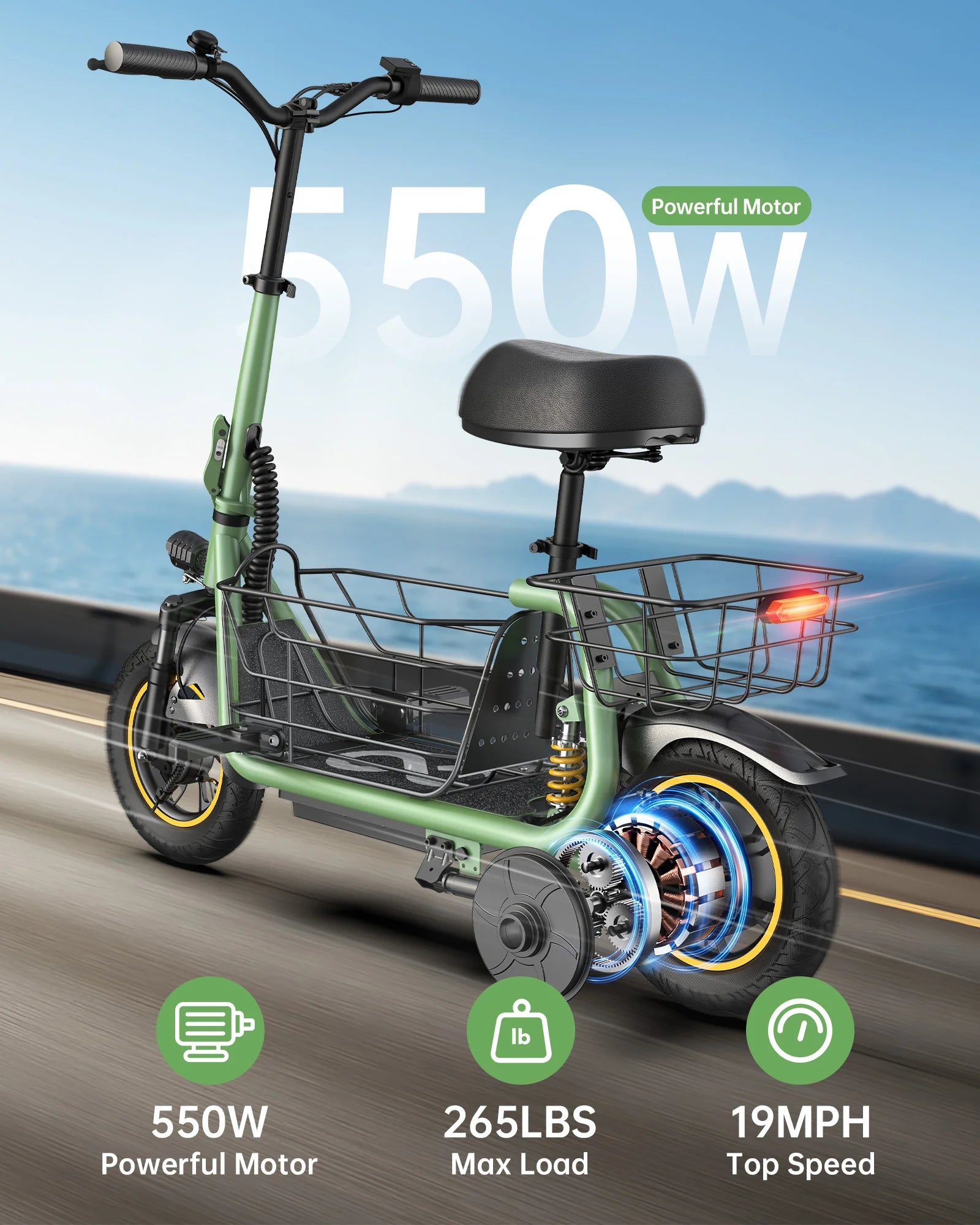 electric scooter 550W motor 265 lbs max load 19 mph top speed