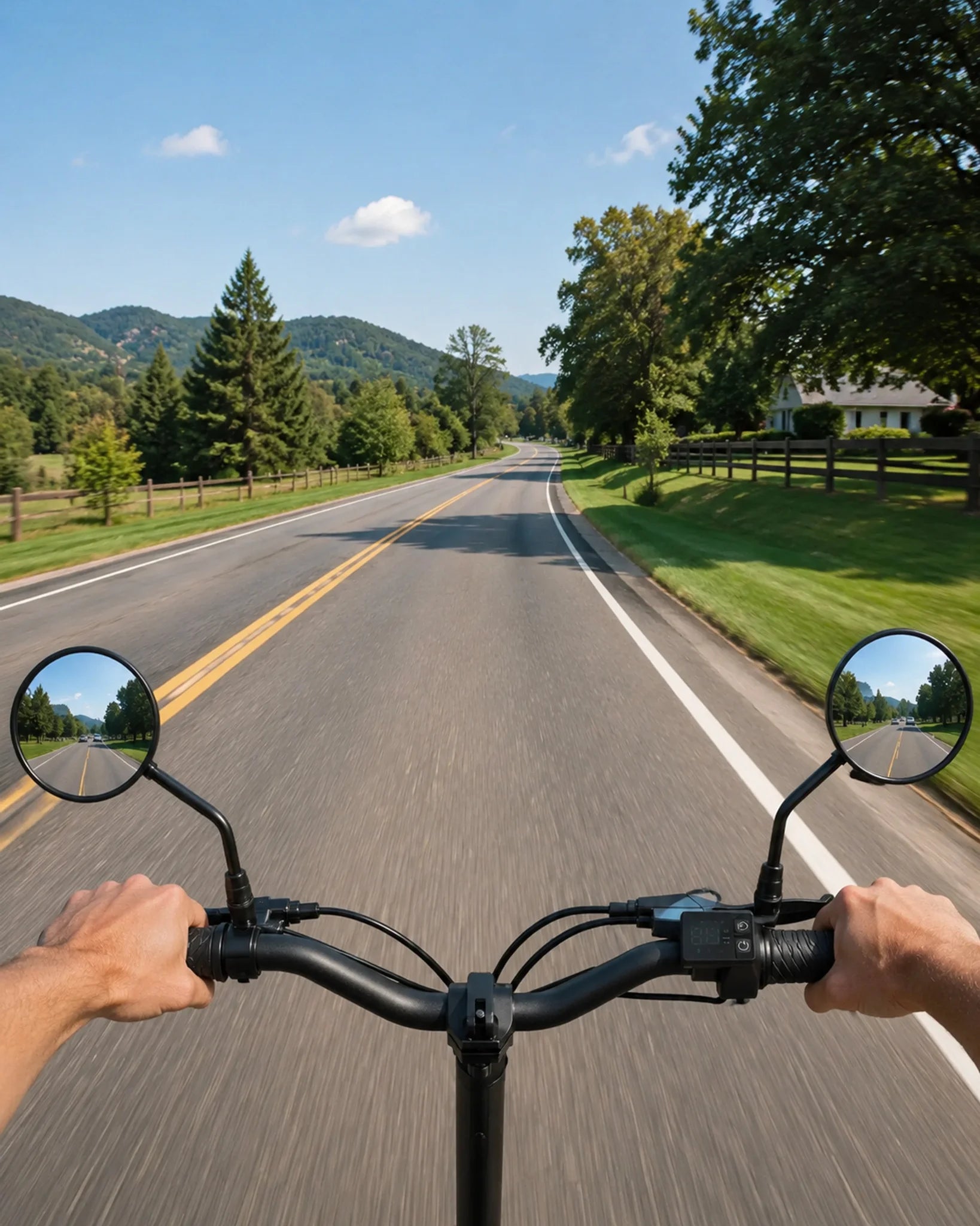 First-person rider view showing dual rearview mirrors on an electric scooter handlebar