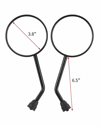 Round electric scooter rearview mirrors showing 3.8-inch mirror diameter and 6.5-inch overall height