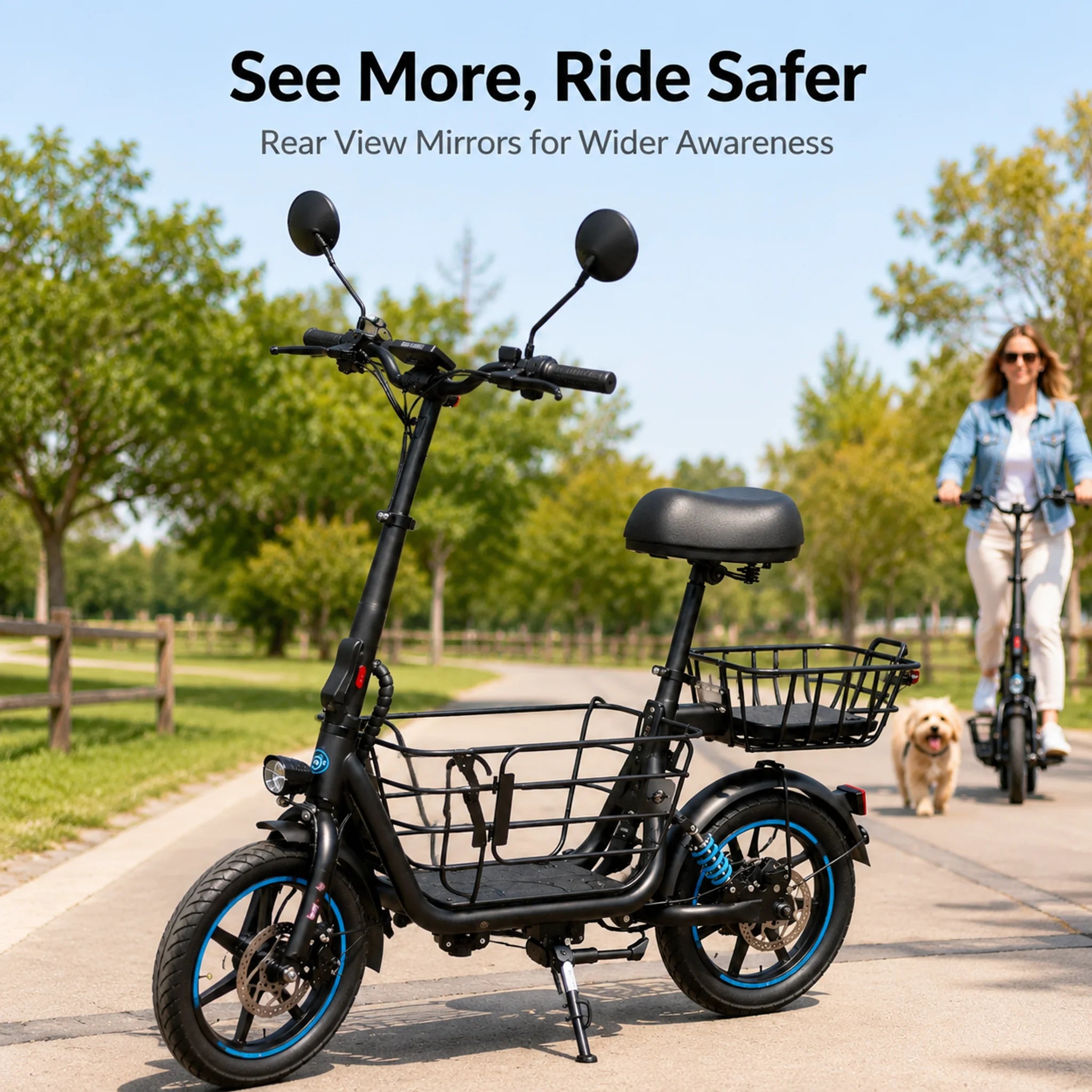Electric scooter with dual rearview mirrors in an outdoor park riding scene