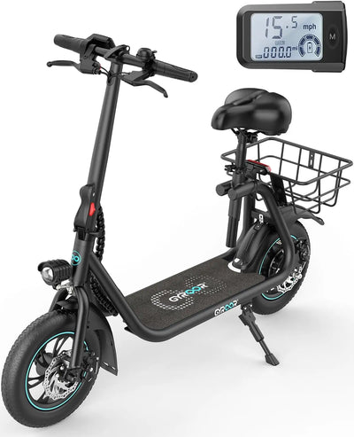 Gyroor C1 black seated electric scooter with 12-inch pneumatic tires