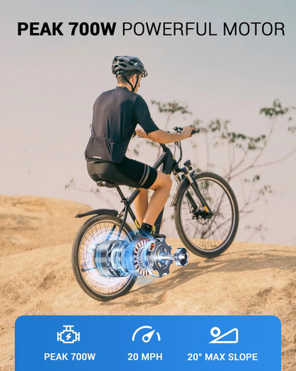 Gyroor EB263 electric bike rider commuting on city road