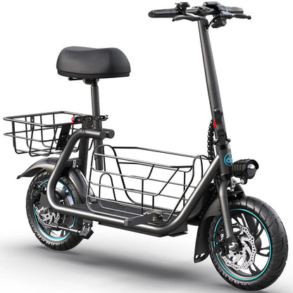 electric scooter with adjustable seat and large storage basket design