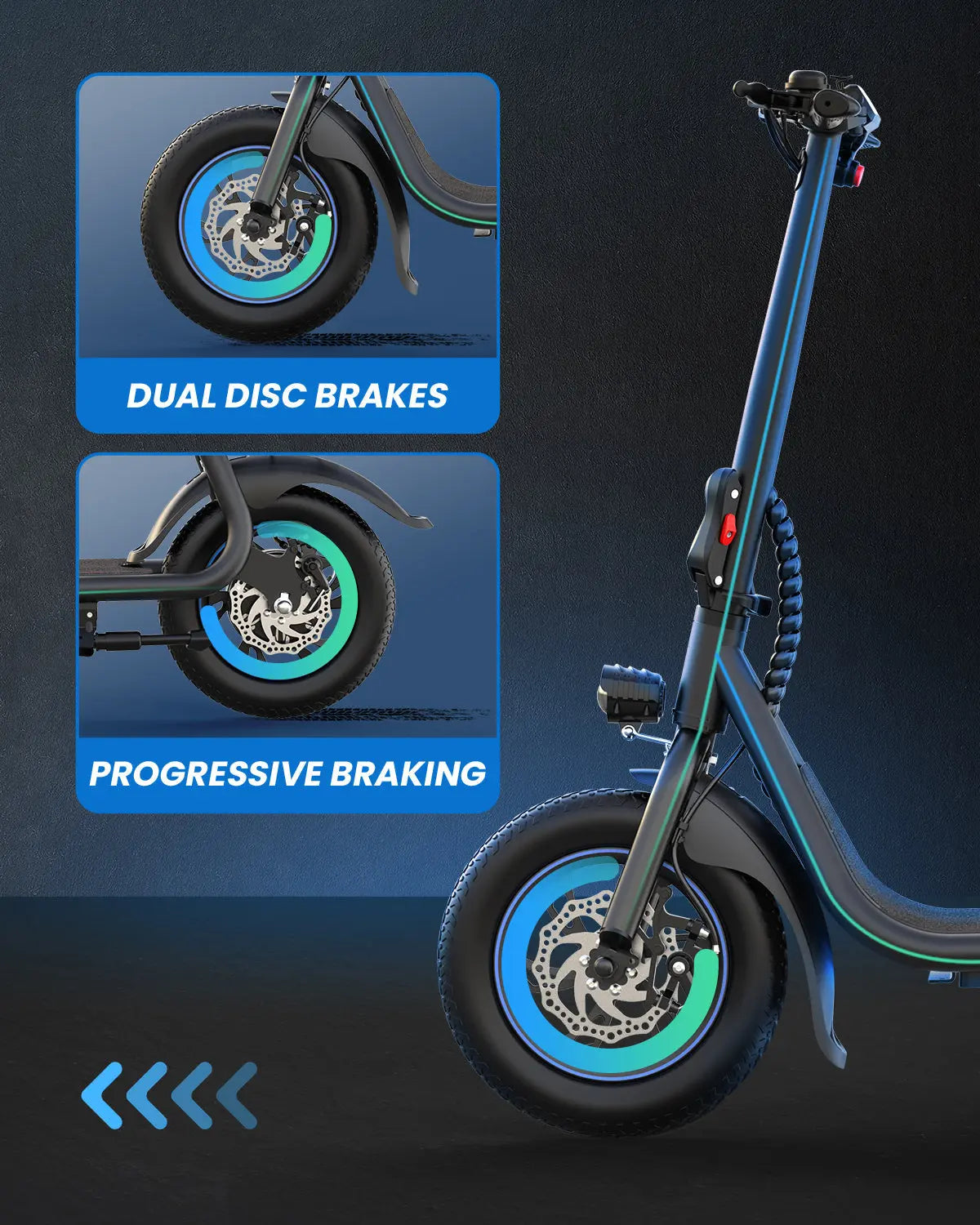 Gyroor C1 electric scooter dual disc brakes close-up, progressive braking system