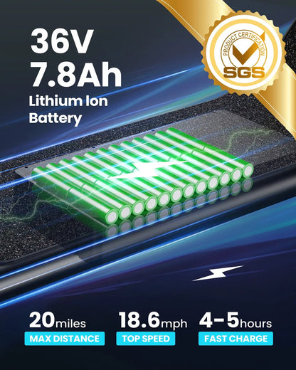 electric scooter 36V 7.8Ah battery with 20 mile range and fast charging
