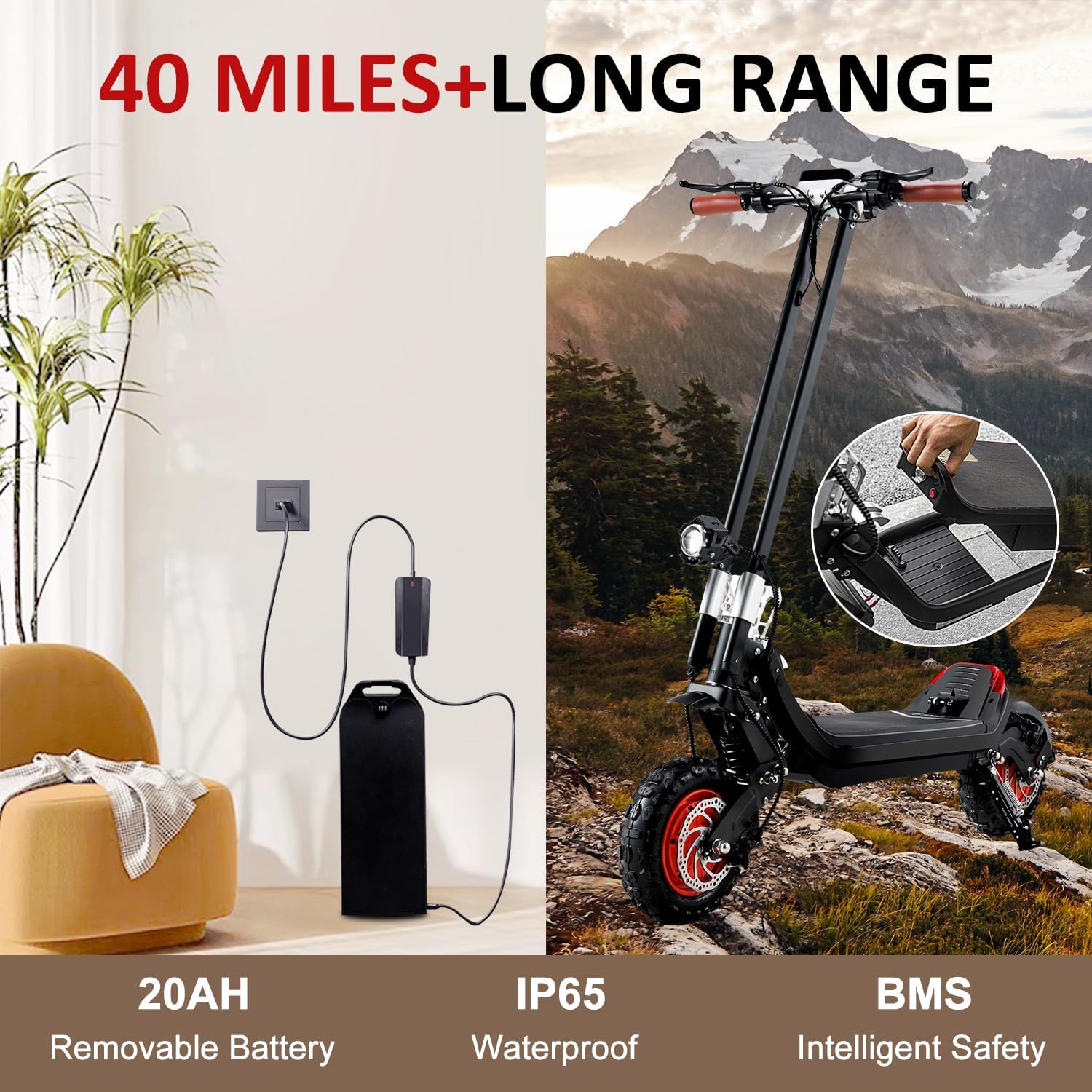 Off Road 2400W Electric Scooter with Smart APP,Up to 37Mph & 50Miles Long Range